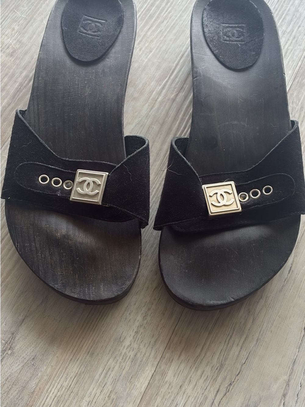Chanel Black Suede Slide Sandals with Gold Logo
